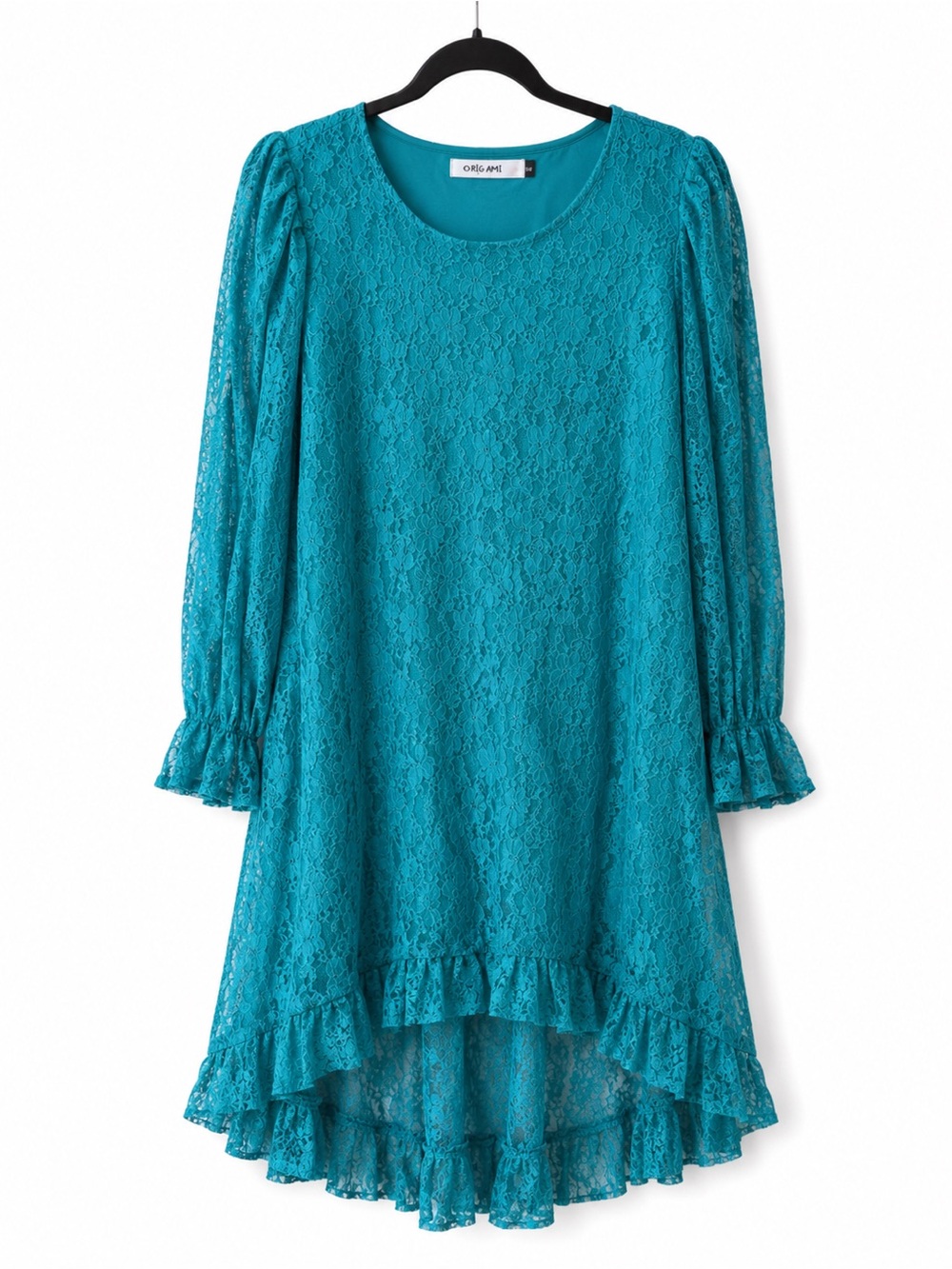 Origami Teal Lace Ruffle High-Low Dress, NWT